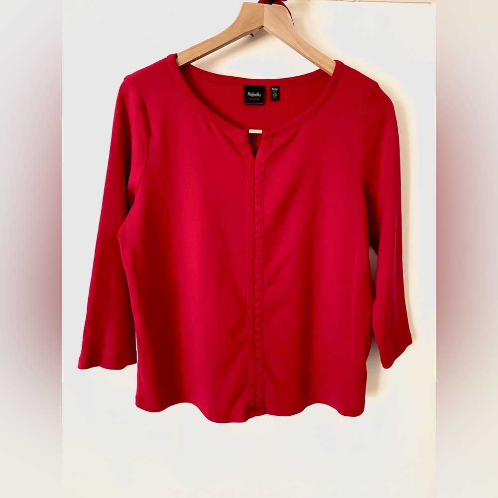 Rafaella Studio Bright Red Split-Neck Knit Top 100% Cotton Classic Casual